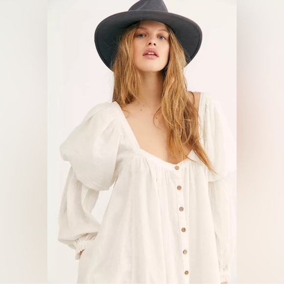 Free People Puff Sleeve White Cotton Dress - Picture 2 of 6